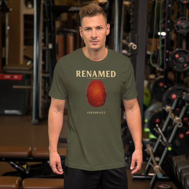 Male model wearing Renamed T-Shirt in Military Green, front fingerprint design